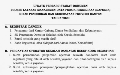 Persyaratan Dokumen Proses Layanan Manajemen DAPODIK Provinsi Banten Tahun 2020